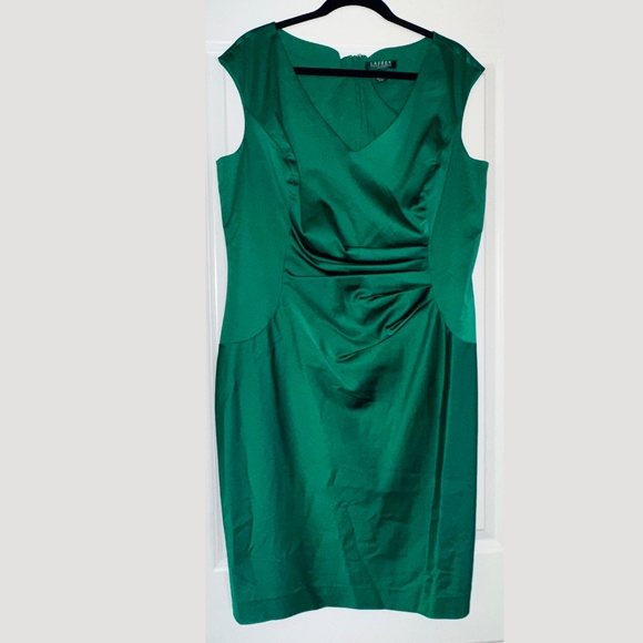 Lauren Ralph Lauren Emerald Green Dress Cocktail Ruched sz 18 - Picture 1 of 11